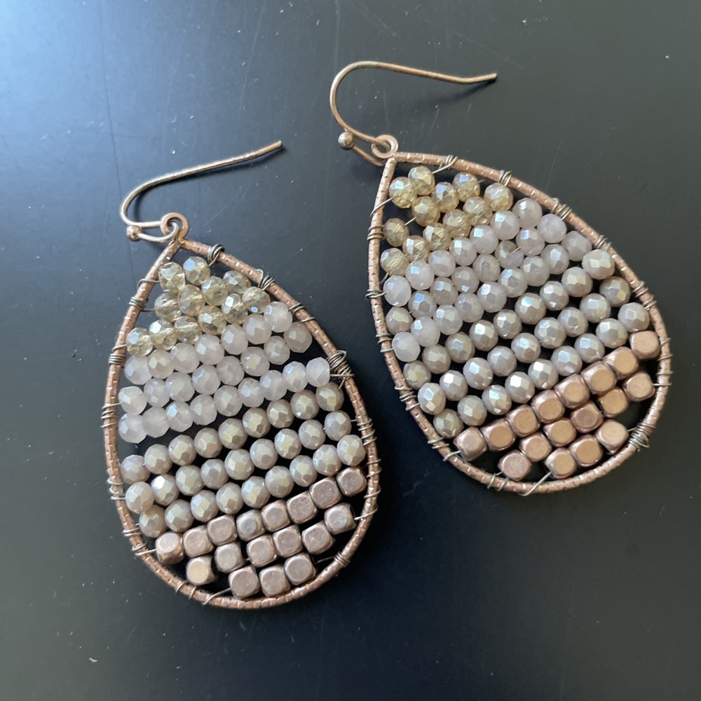 Rose Gold Beaded‎ Teardrop Pierced Dangle Earrings Wedding Formal Wire Beads